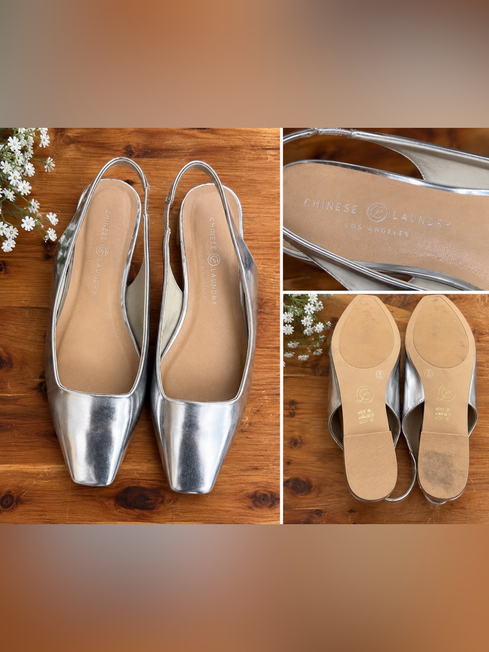 Chinese Laundry Silver Metallic Slingback Flats Size 9 Square Toe